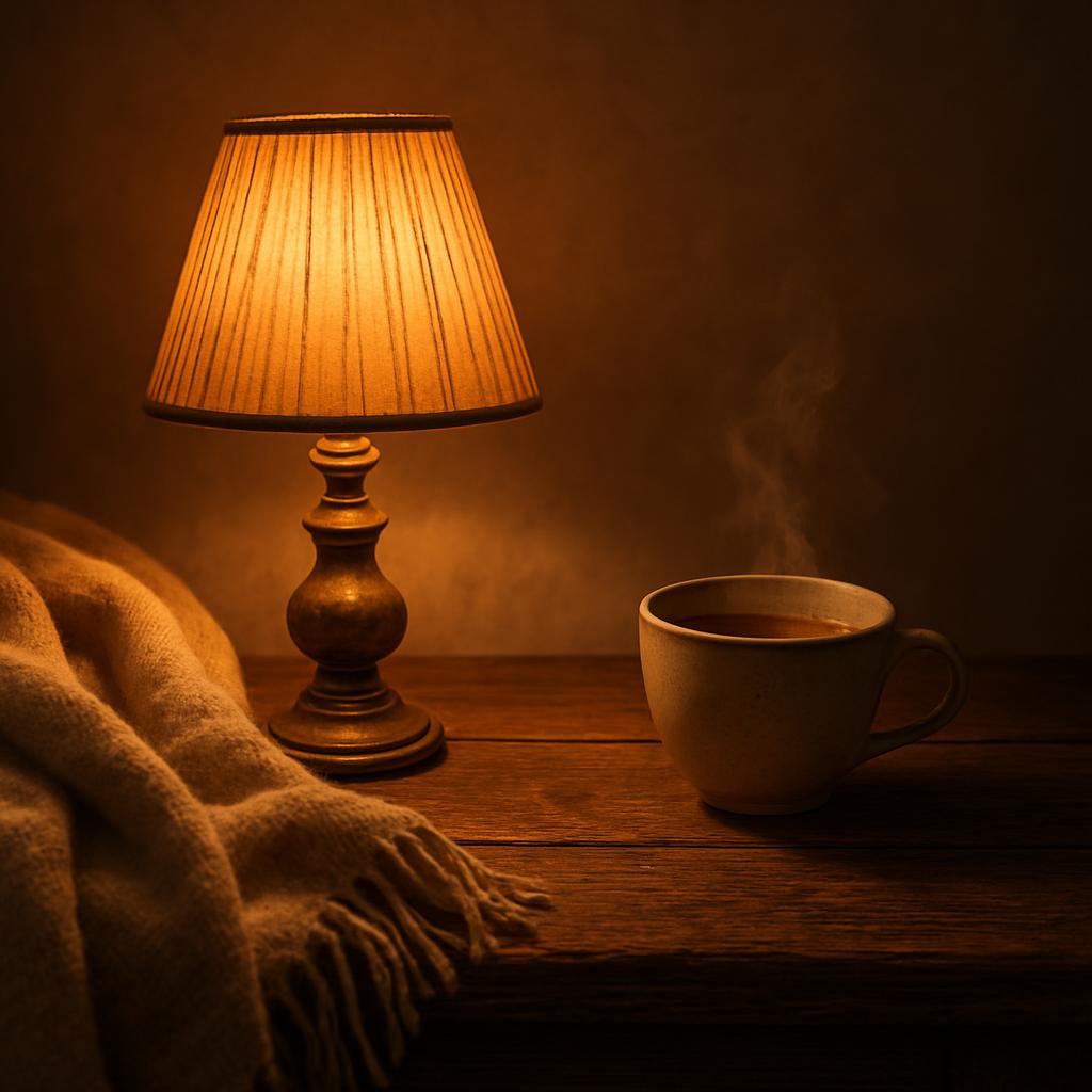 A table lamp on a wooded side table with a warm cup of hot cocoa to enjoy in a cozy living space on a budget