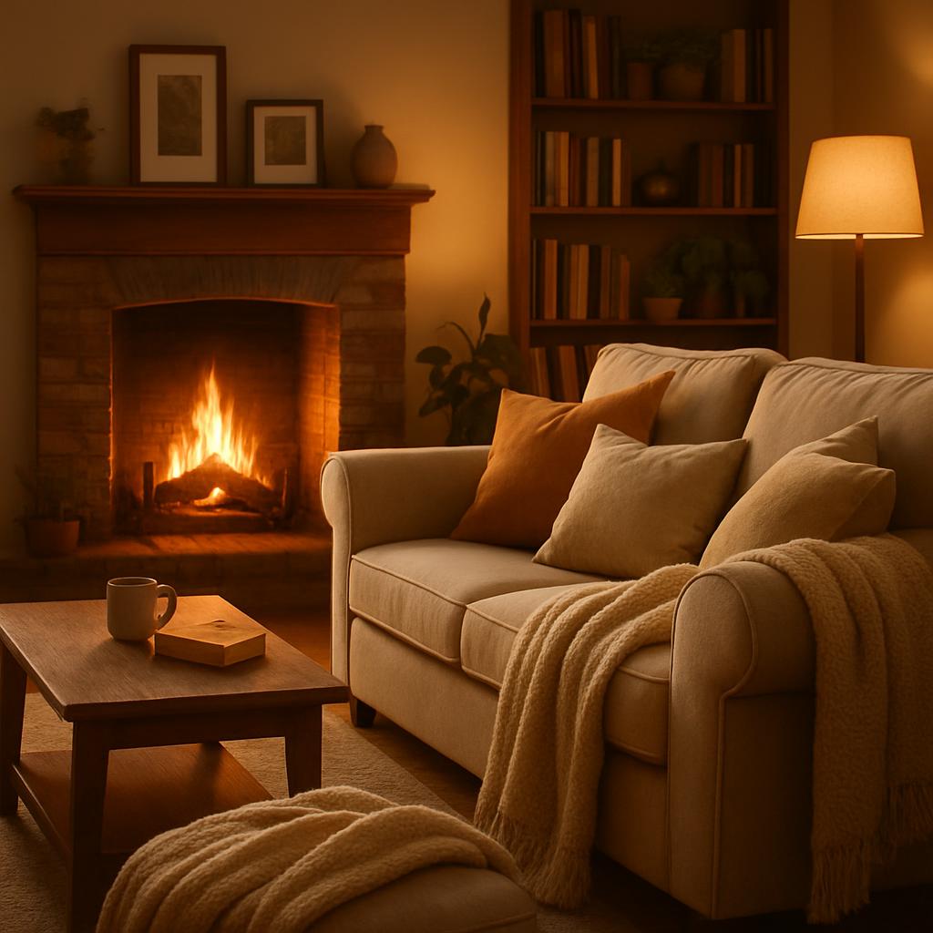 A beige sofa with a throw pillows and a throw blanket next to a fire place
