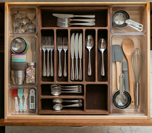 An open mahogany drawer with an organizer (wooden and plastic), demonstrating how they are used to arrange cutlery and other cooking and baking utensils in an orderly fashion