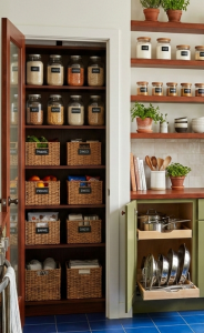 Wicker baskets and transparent jars are used to store kitchen essentials like grains, groceries, snacks, kitchen towels and other itmes in an orderly fashion. They are each labelled to avoid time wasted when looking for specifics, very aesthetically pleasing and time saving