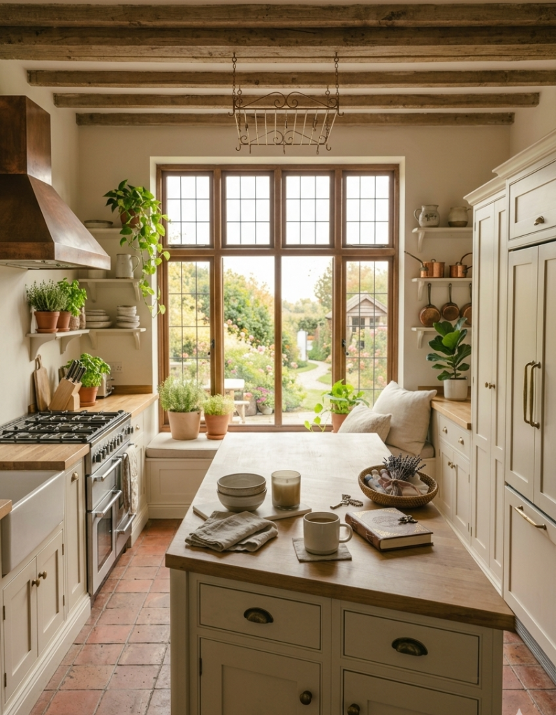 A wide-angle shot of a beautifully organized, rustic kitchen with a large center island. The kitchen features creamy white cabinetry, butcher block countertops, and exposed wooden ceiling beams. A large, wooden-framed window looks out onto a lush green garden, with a cozy window seat and pillows underneath. The center island is neatly arranged with a steaming mug of coffee, an embossed leather journal, a small bowl, and a lit candle. Copper pots hang on the walls, and several potted herbs and indoor plants are scattered throughout, creating a peaceful, decluttered space ready for a calm morning.