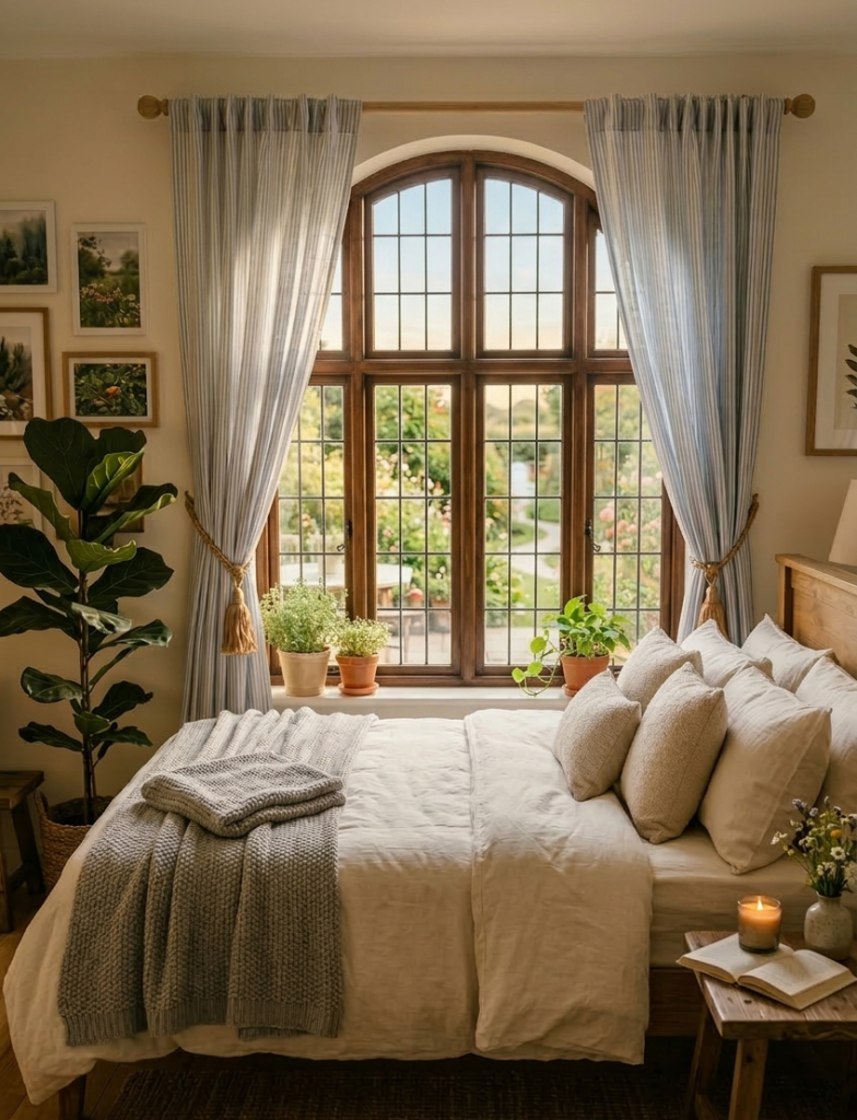 A serene, brightly lit bedroom featuring a perfectly made bed with off-white linen bedding and a chunky grey knit throw blanket. The bed is positioned in front of a large, arched wooden window with leaded glass panes, framed by soft blue and white striped curtains tied back with tassels. Outside the window, a sun-drenched garden with a winding path is visible. The room is decorated with a tall fiddle leaf fig plant, framed nature prints, and a rustic wooden bedside table holding a small vase of flowers, an open book, and a glowing candle, evoking a peaceful morning mood.