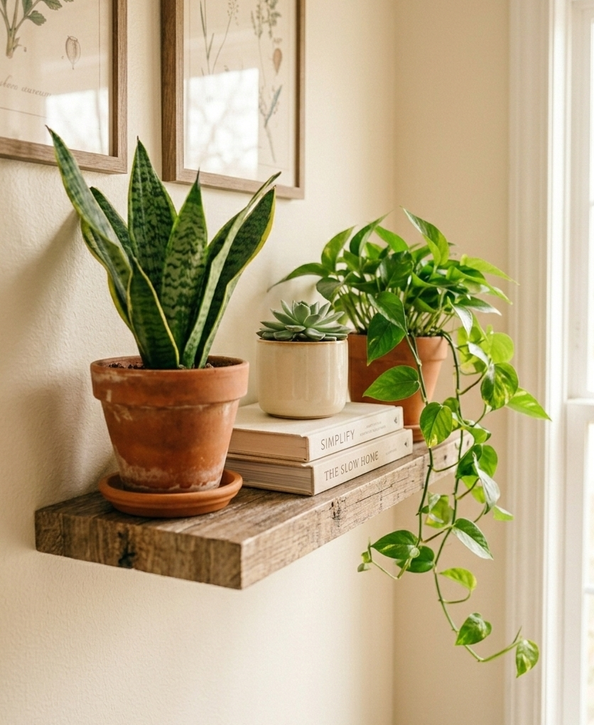 A wooden shelf with potted plants including a snake plant, a succulent in a white pot, and a green vine. Books with titles 'SIMPLIFY' and 'THE SLOW HOME' are placed beneath the plants, against a light-colored wall.