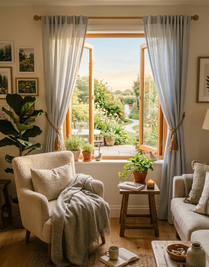 A brightly lit, cozy living room featuring a frontal view of a large wooden window with the curtains drawn open, revealing a lush garden path outside. In the foreground, a cream-colored sherpa armchair is draped with a soft grey knit blanket. A small rustic wooden side table holds a potted plant, a book, and a glowing candle. The room is decorated with framed botanical art on the walls, a large fiddle leaf fig plant, and a neutral-toned sofa, creating a warm and peaceful morning atmosphere.