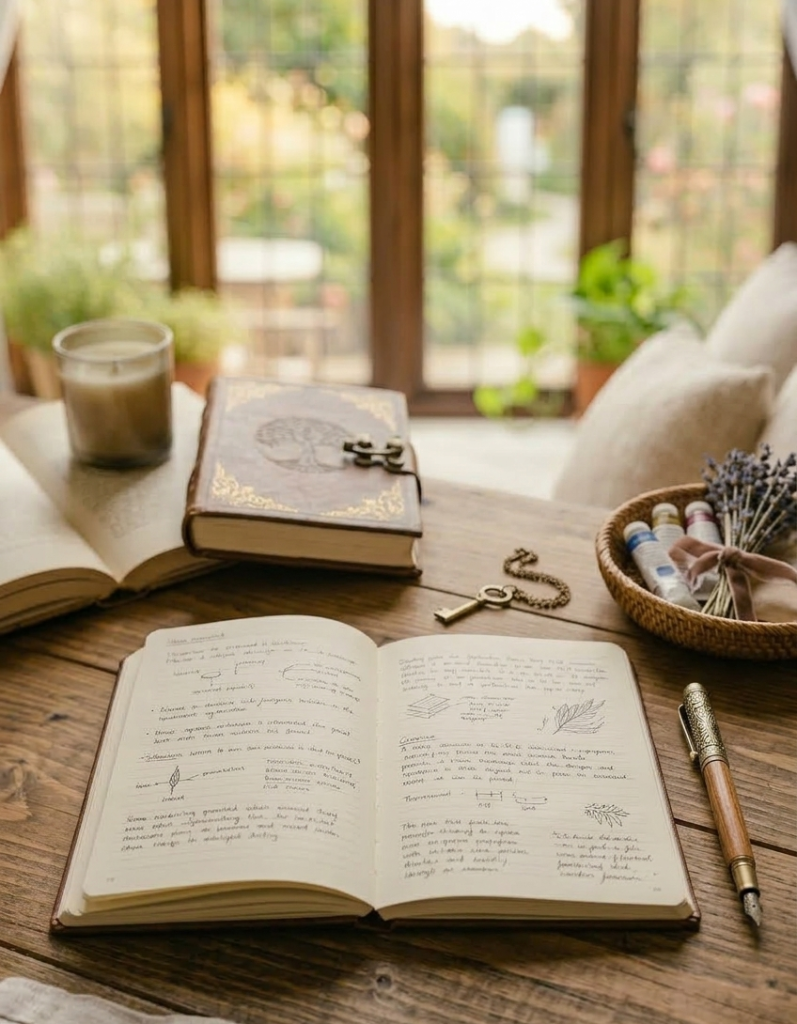 An overhead, slightly angled shot of an open journal filled with handwritten notes and small botanical sketches, lying on a rustic wooden table. A vintage-style fountain pen rests beside the journal. In the background, there is another leather-bound book with a tree of life emblem, a glowing candle, and a small woven basket holding dried lavender and art tubes. The scene is set in front of a large, wooden-framed window with a view of a soft, sunlit garden, creating a calm and creative morning atmosphere.