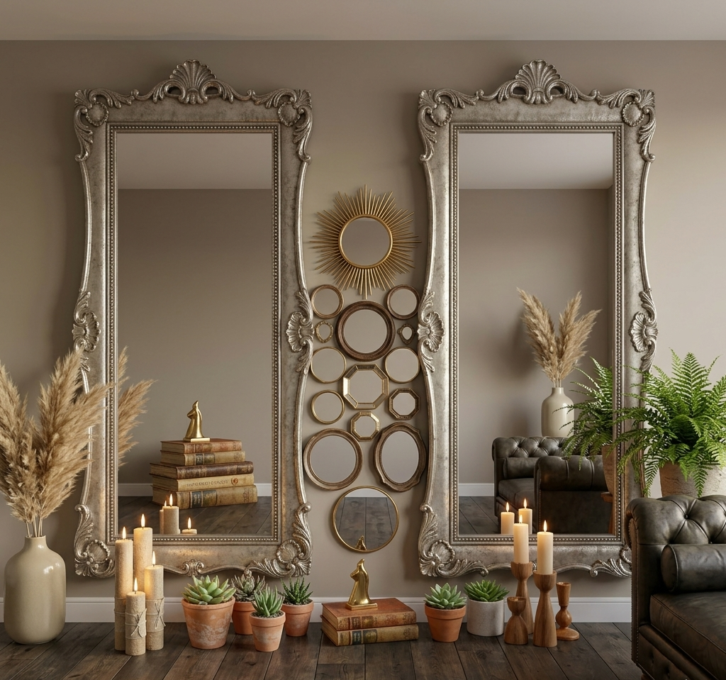 A symmetrical and elegant living room display featuring two large, ornate silver floor-length mirrors leaning against a warm taupe wall. Between the large mirrors, a vertical gallery of smaller round and sunburst mirrors is arranged as a decorative focal point. The dark hardwood floor is styled with groups of lit pillar candles, small terracotta potted succulents, and stacks of vintage books. A tall ceramic vase with fluffy pampas grass and a lush green fern flank the mirrors, while the reflection reveals a dark leather tufted sofa, creating a sophisticated and cozy atmosphere.