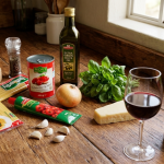 Pasta ingredients and a bottle of red wine on a countertop space