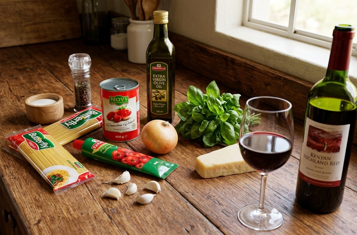 Pasta ingredients and a bottle of red wine on a countertop space