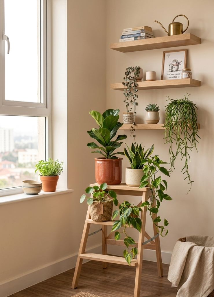 A cozy indoor planter corner featuring various houseplants on a wooden ladder and wall shelves, with a window providing natural light.