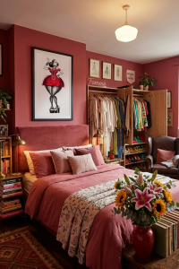 A warm, cozy bedroom with rose-red walls and a plush bed. A large framed fashion illustration of a woman in a red dress hangs above the headboard. The room features a bouquet of sunflowers and lilies, an open wardrobe filled with colorful clothes, and stacks of books next to a vintage leather armchair.