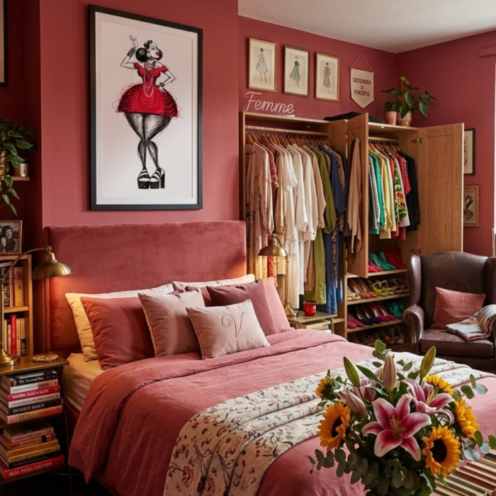 A warm, cozy bedroom with rose-red walls and a plush bed. A large framed fashion illustration of a woman in a red dress hangs above the headboard. The room features a bouquet of sunflowers and lilies, an open wardrobe filled with colorful clothes, and stacks of books next to a vintage leather armchair.