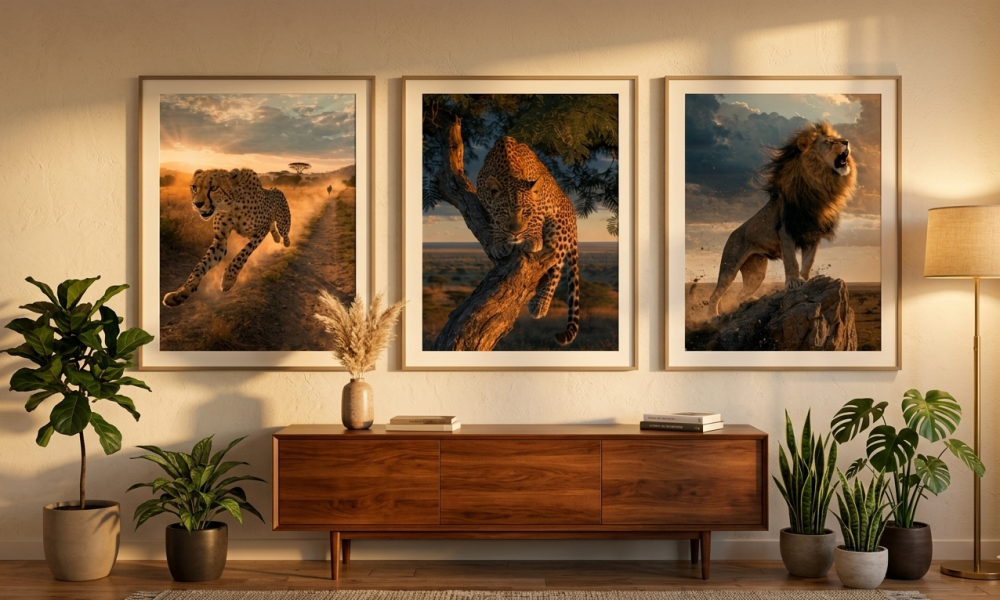 A wall with wall art pieces of the three big cats in their natural environment. Lion, Leopard and Cheetah
