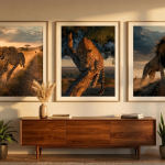 A wall with wall art pieces of the three big cats in their natural environment. Lion, Leopard and Cheetah
