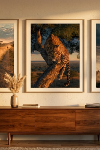 A wall with wall art pieces of the three big cats in their natural environment. Lion, Leopard and Cheetah