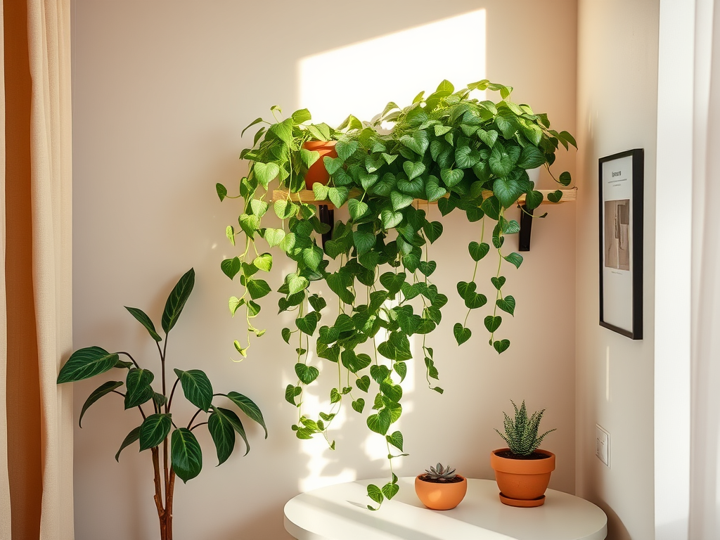 A bright indoor corner featuring a lush green trailing plant on a shelf, accompanied by smaller potted plants on a white table and a framed wall art in the background.