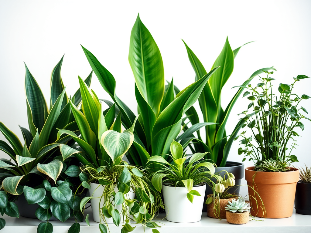 A variety of indoor plants displayed in pots, featuring lush green foliage, including snake plants, heartleaf philodendron, and succulents, against a light background.