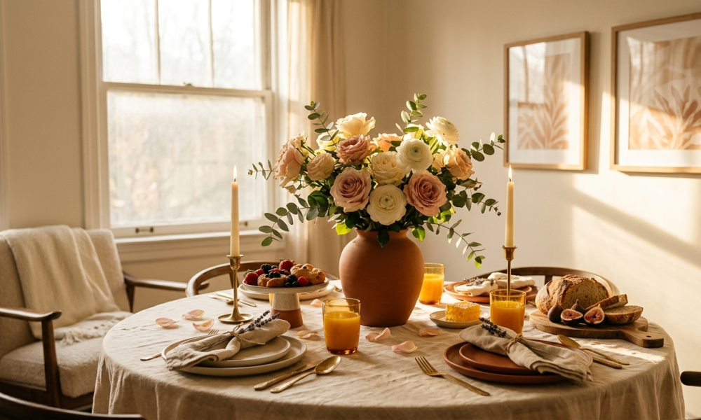 A sun-drenched Mother's Day brunch tablescape featuring a round wooden table with a cream linen cloth, a terracotta vase of blush roses and ranunculus, amber glassware with orange juice, fresh pastries, sourdough bread, and figs. Two framed botanical art prints hang on the wall in a cozy, warm-toned dining room.