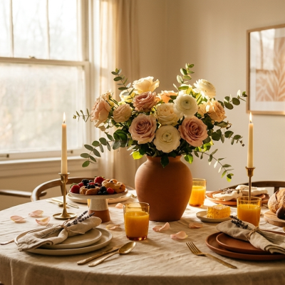 A sun-drenched Mother's Day brunch tablescape featuring a round wooden table with a cream linen cloth, a terracotta vase of blush roses and ranunculus, amber glassware with orange juice, fresh pastries, sourdough bread, and figs. Two framed botanical art prints hang on the wall in a cozy, warm-toned dining room.