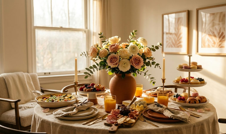 A breathtaking lifestyle photograph of a Mother's Day brunch tablescape, featuring a large terracotta vase of blush roses and ranunculus. The table is laden with a baked frittata, a charcuterie board, a tiered stand of macarons and tarts, and fresh pastries, set against a sun-drenched window in a cozy home dining room. Two framed botanical prints hang on the warm-toned wall.