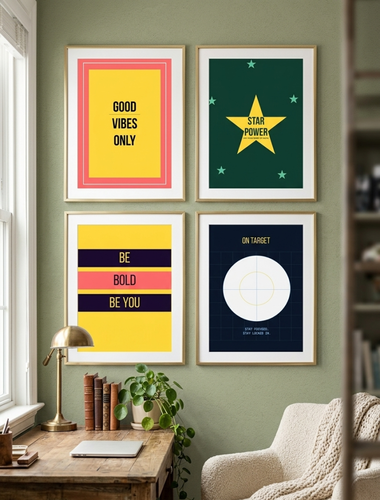 A wall art bundle of four retro art pieces with the 90s aesthetic
