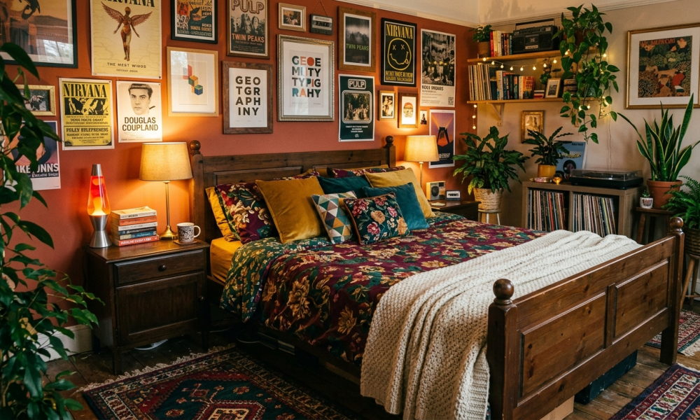 A cozy, maximalist bedroom with 90s retro styling. The scene features a wooden bed with a floral burgundy and green duvet, mismatched pillows, and a chunky knit throw, all set against terracotta walls covered in vintage posters. Warm lighting from bedside lamps and a glowing lava lamp illuminates various indoor plants and a layered area rug.