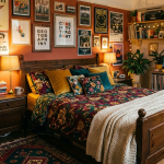 A cozy, maximalist bedroom with 90s retro styling. The scene features a wooden bed with a floral burgundy and green duvet, mismatched pillows, and a chunky knit throw, all set against terracotta walls covered in vintage posters. Warm lighting from bedside lamps and a glowing lava lamp illuminates various indoor plants and a layered area rug.
