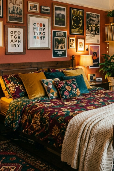 A cozy, maximalist bedroom with 90s retro styling. The scene features a wooden bed with a floral burgundy and green duvet, mismatched pillows, and a chunky knit throw, all set against terracotta walls covered in vintage posters. Warm lighting from bedside lamps and a glowing lava lamp illuminates various indoor plants and a layered area rug.