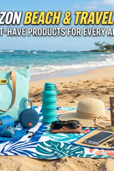 A collection of Amazon beach and travel essentials neatly arranged on a vibrant tropical towel and straw mat on a sandy beach. Items include a mint-green tote bag, a collapsible water bottle, a portable speaker, a microfiber towel, sunglasses, a sun hat, sunscreen, packing cubes, and a clear toiletry bag, with a tropical ocean and palm trees in the background.