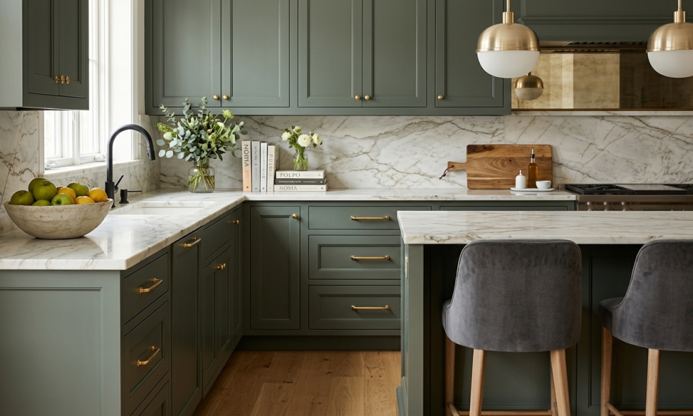 A luxurious kitchen featuring sage green shaker cabinets, white marble countertops with grey veining, and gold hardware. The scene includes a marble kitchen island with grey velvet barstools, brass globe pendant lights, and a bowl of fresh green apples on the counter.