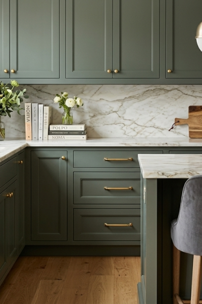 A luxurious kitchen featuring sage green shaker cabinets, white marble countertops with grey veining, and gold hardware. The scene includes a marble kitchen island with grey velvet barstools, brass globe pendant lights, and a bowl of fresh green apples on the counter.