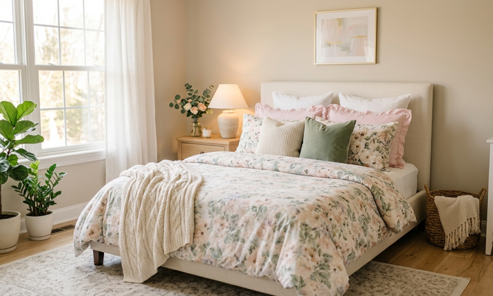 Cozy bedroom with soft floral bedding in pastel tones, layered pillows, and warm natural lighting creating an elegant and inviting space.