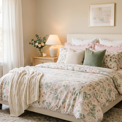 Cozy bedroom with soft floral bedding in pastel tones, layered pillows, and warm natural lighting creating an elegant and inviting space.