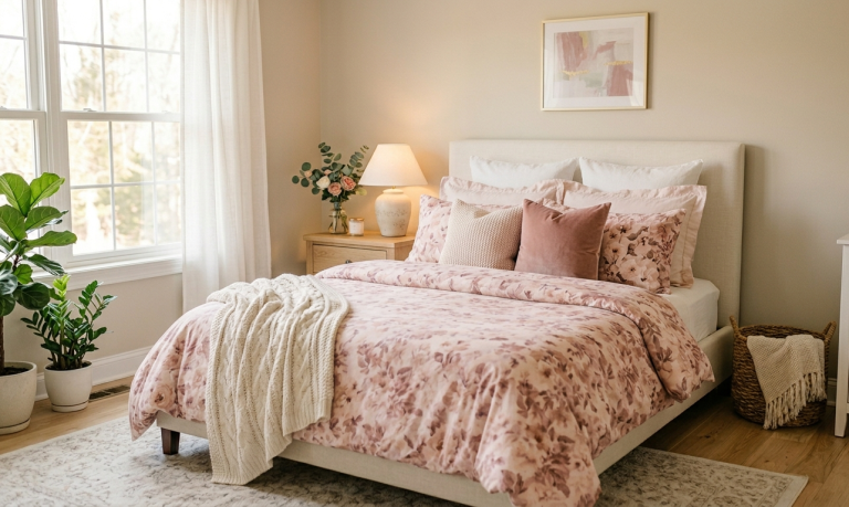 A soft, elegant bedroom styled with tonal floral bedding in a single color palette, featuring dusty rose floral patterns on a blush duvet cover. The bed is layered with matching pillows in similar shades, creating a cohesive and effortlessly put-together look. Neutral walls, warm ivory linen textures, and minimal decor enhance the calm, cozy atmosphere.