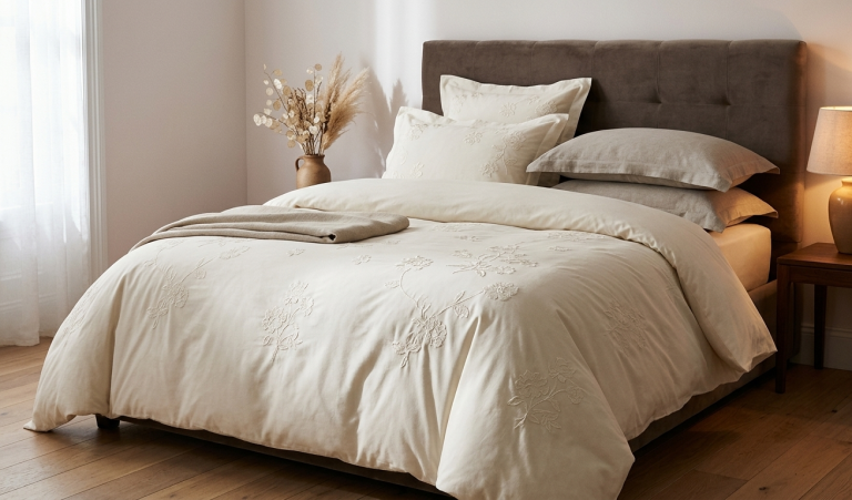 A serene, quietly luxurious bedroom scene centred on a beautifully made bed dressed in a white or warm cream duvet cover with tonal embroidered florals — delicate raised floral motifs visible only where soft raking light catches the fabric, creating a subtle, heirloom-quality texture. The embroidery is the same colour as the base fabric, ivory on ivory, with no contrast — the pattern reveals itself purely through shadow and dimension. The duvet is full and cloud-like, generously stuffed, with crisp steamed folds. A stack of plump pillows in matching embroidered shams and plain linen pillowcases in warm greige frame the headboard. The headboard itself is an oversized upholstered piece in soft deep mushroom velvet, adding richness without competing. A lightweight folded blanket in warm oatmeal linen rests at the foot of the bed. The nightstand holds a warm-toned ceramic lamp casting a soft amber glow, a small bunch of dried lunaria and pampas in an earthenware vase, and a single hardback book.