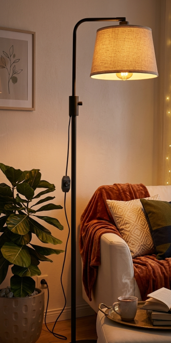 A dimmable floor lamp used in a cozy home