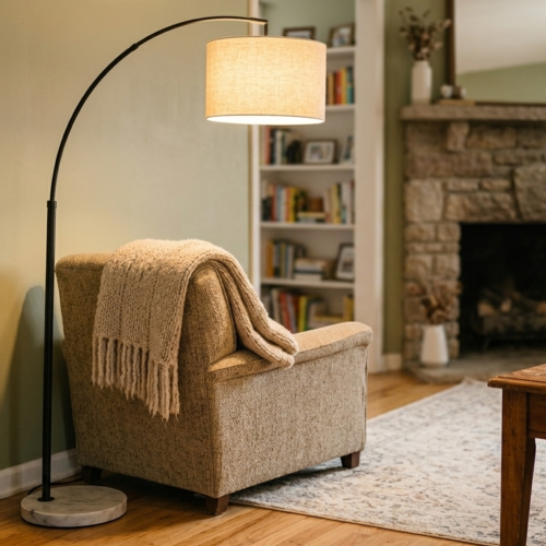 A floor lamp in a cozy space