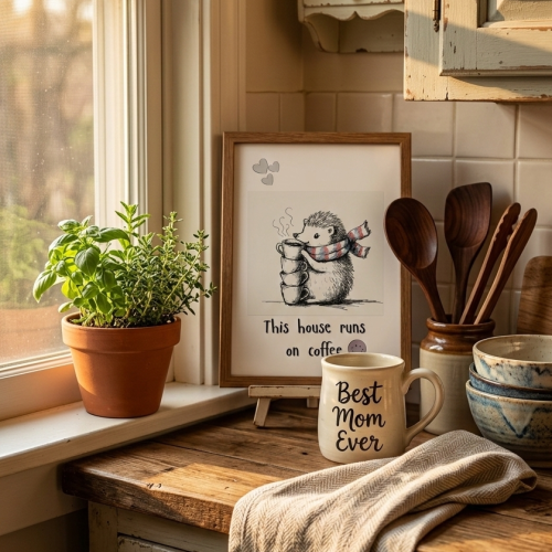 Kitchen counter with artwork