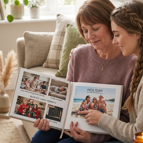 Mother-daughter admiring photo book