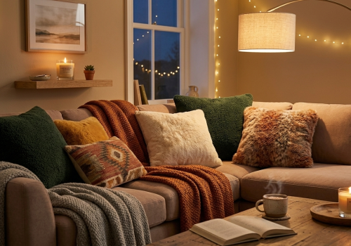 Using throw pillows to create layers and colors in a cozy home